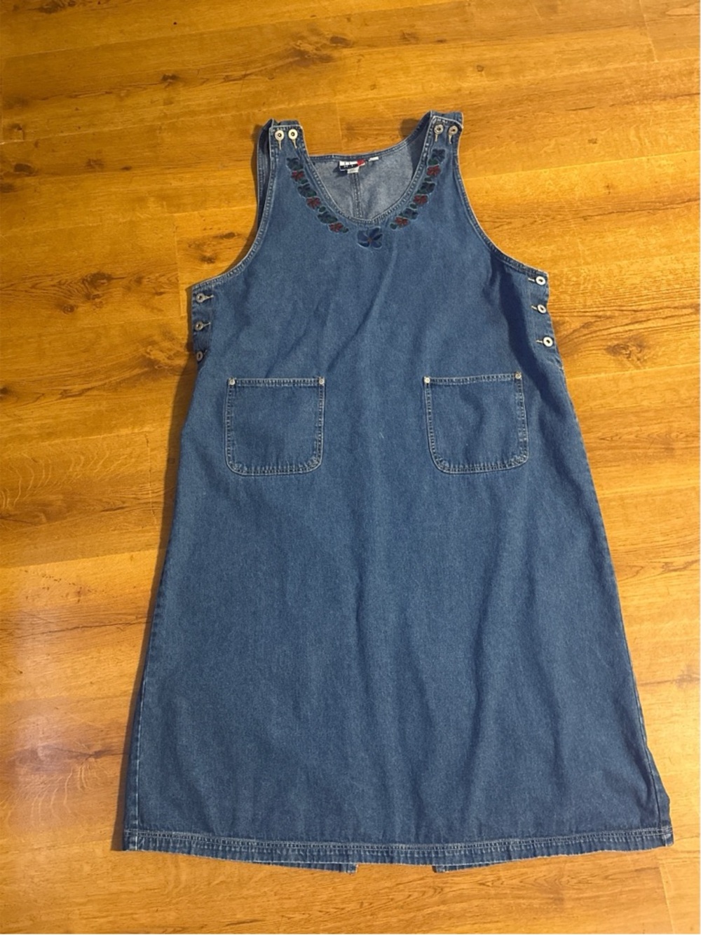 J.L. N.Y. Vintage Y2K Long Denim Jumper Dress with Embroidered Floral